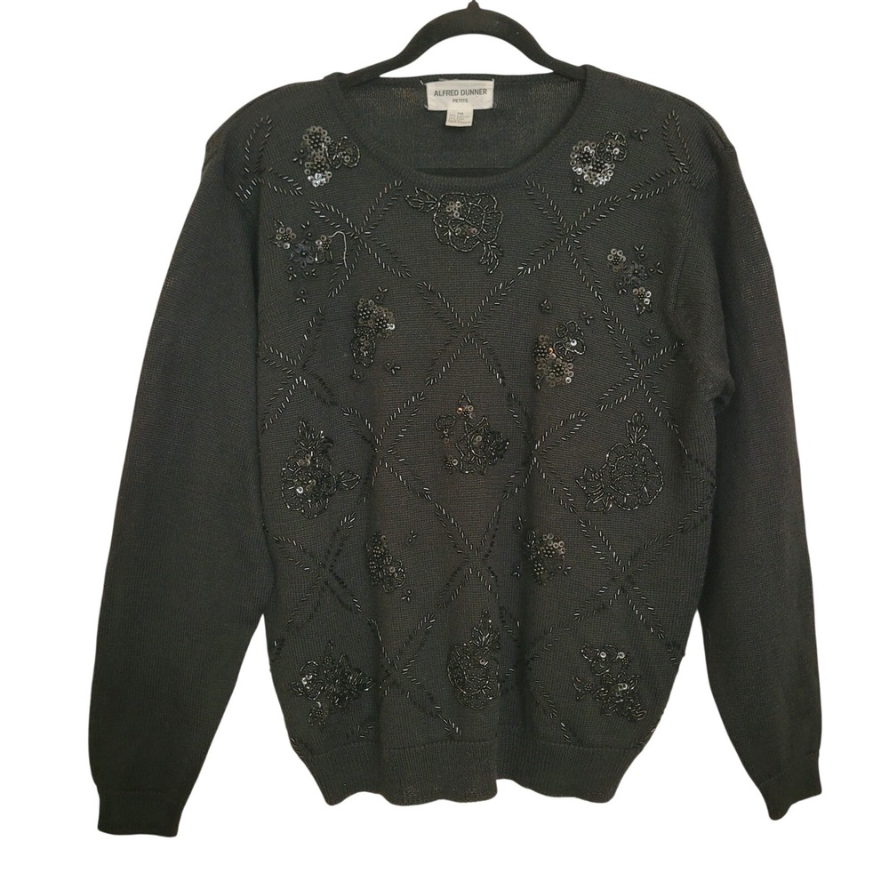 Vintage Alfred Dunner Petite Black Beaded Floral Sequin Wool Blend Sweater PM